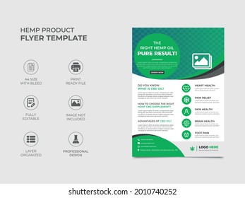 hemp product flyer template design with a bottle image placement, well organized fully editable template. Green gradient used, professional looking design. vector a4 size, eps 10.