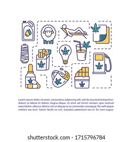 Hemp Products Concept Icon With Text. Cannabis Use For Relaxation, Food, Medicine And Biofuel Production. PPT Page Vector Template. Brochure, Magazine, Booklet Design Element With Linear Illustrations