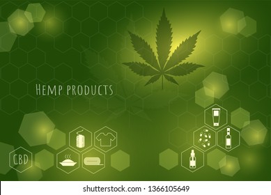 Hemp products concept. Icons with oil, textiles and medicines on the background of a cannabis leaf. Vector

