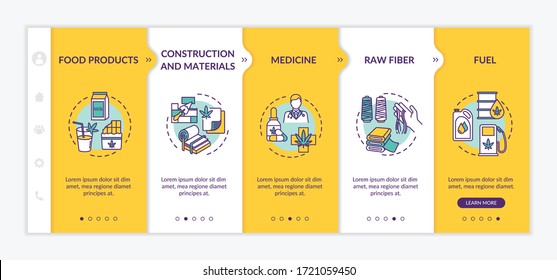 Hemp products onboarding vector template. Cannabis in food, construction materials and fuel. Responsive mobile website with icons. Webpage walkthrough step screens. RGB color concept