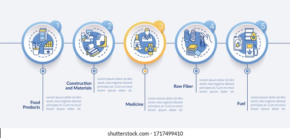 Hemp products vector infographic template. Cannabis for medical use presentation design elements. Data visualization with 5 steps. Process timeline chart. Workflow layout with linear icons