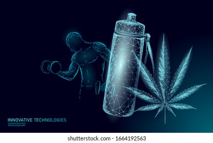 Hemp protein 3D sport drink concept. Bodybuilding nutrition supplement diet plant based powder. Vegan product weed superfood nutrient low poly vector illustration