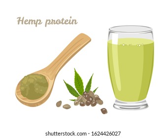 Hemp protein powder and energy drink in glass  isolated on white background. Vector illustration of Hemp smoothie, seed and green leaves in cartoon flat style.