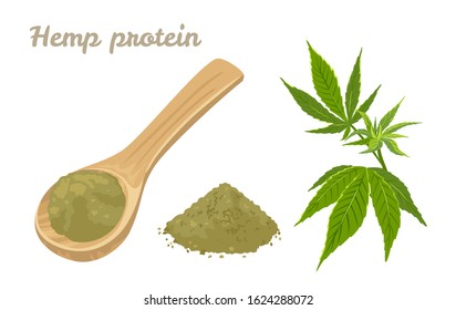 Hemp protein powder in wooden spoon Isolated on white background. Vector illustration of green cannabis branch and food supplement in cartoon flat style. Perfect high performance vegetarian whole food