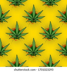 Hanf nahtlose Muster Pop-Art auf orangefarbenem Hintergrund, grüne Blätter Vektorillustration Illustration