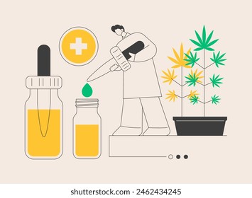 Hemp seed oil abstract concept vector illustration. CBD oil use, cannabis sativa plant pharmacy, fatty acid, human health, pain and inflammation relief, dietary supplement abstract metaphor.