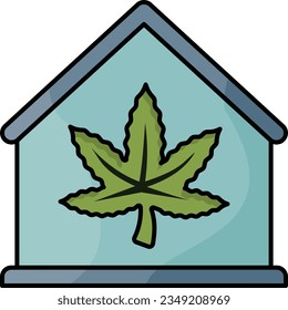 Concepto de Hemp Storage Building o Room, diseño de iconos de vectores de casas de malezas, símbolo de cannabis y marihuana, signo de thc y cbd, ilustración de plantas recreativas de drogas