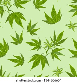 Hemp twigs seamless pattern on  green background. Vector illustration of green cannabis leaves in cartoon simple flat style.