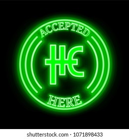 HempCoin (THC) green  neon cryptocurrency symbol in round frame with text "Accepted here"