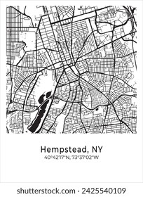 Hempstead city map. Travel poster vector illustration with coordinates. Hempstead, New York, The United States of America Map in light mode.