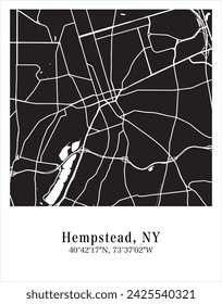Hempstead city map. Travel poster vector illustration with coordinates. Hempstead, New York, The United States of America Map in dark mode.