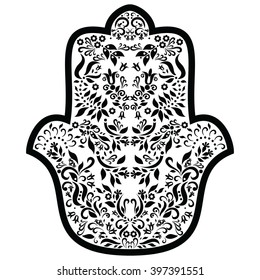 Hemsa Hand with floral elements in black  and white, Middle Eastern amulet symbolizing the Hand of God, protective sign bringing happiness, luck, health, and good fortune.
