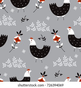 Hen art background design for fabric and decor. Seamless pattern.Vector illustration.