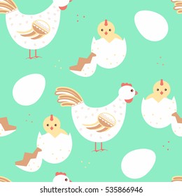 Hen and baby chicken seamless pattern. Vector stock illustration