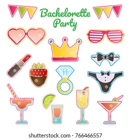 Hen / bachelorette / bride party vector illustration kit. Girls night out vector stickers kit. Bridal party essentials.  