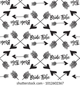 Hen Bachelorette Party Vector Seamless Pattern With Cross Arrows And Bride Tribe Arrow. Black Card Simple Logo Illustration On White Background In Hand Drawn Hipster Style.