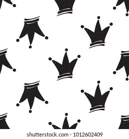 Hen bachelorette party vector seamless pattern with black crowns. Black card simple crown illustration on white background in hand drawn hipster style.