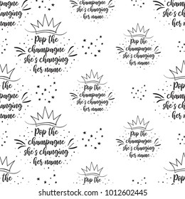 Hen bachelorette party vector seamless pattern with little black stars and hen party slogan. Black card simple illustration on white background in hand drawn hipster  style.