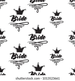 Hen bachelorette party vector seamless pattern with bride crown logo. Black card simple crowns illustration on white background in hand drawn hipster style.