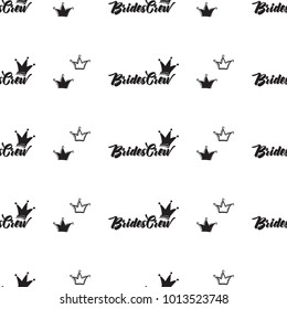 Hen bachelorette party vector seamless pattern with black and white crowns and brides crew crown logo. Black card simple crown illustration on white background in hand drawn hipster style.