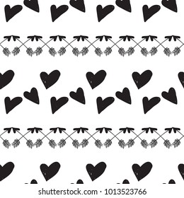 Hen bachelorette party vector seamless pattern with black hearts and cross arrows. Black card simple illustration on white background in hand drawn hipster style.