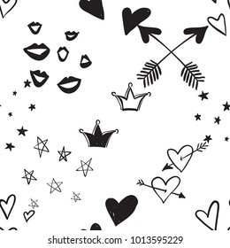 Hen bachelorette party vector seamless pattern with crowns, smiles, hearts and arrows. Black card simple logo illustration on white background in hand drawn grunge hipster style.