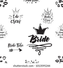 Hen bachelorette party vector seamless pattern with wedding symbols and slogans. Black card simple logo illustration on white background in hand drawn hipster style.