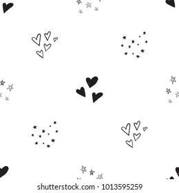 Hen bachelorette party vector seamless pattern with black and white hearts and stars. Simple heart and star illustration on white background in hand drawn hipster style.