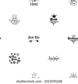 Hen bachelorette party vector seamless pattern with wedding symbols and slogans. Black card simple logo illustration on white background in hand drawn hipster style.