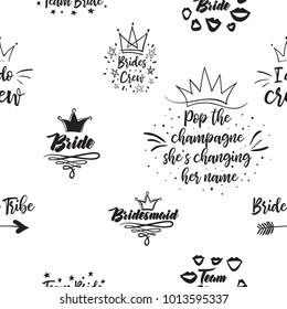 Hen Bachelorette Party Vector Seamless Pattern With Wedding Symbols And Slogans. Black Card Simple Logo Illustration On White Background In Hand Drawn Hipster Style.