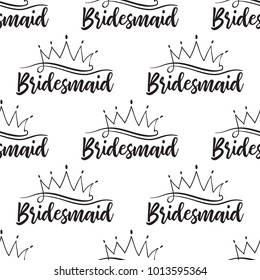 Hen bachelorette party vector seamless pattern with bridesmaid crown logo. Black card simple crown logo illustration on white background in hand drawn hipster style.