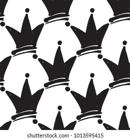 Hen bachelorette party vector seamless pattern with black crowns. Black card simple crown illustration on white background in hand drawn hipster style.