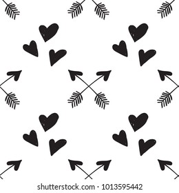 Hen bachelorette party vector seamless pattern with black hearts and cross arrows. Black card simple illustration on white background in hand drawn hipster style.