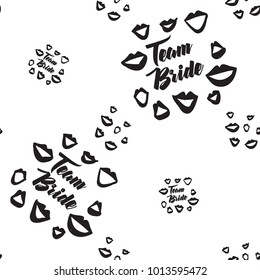 Hen bachelorette party vector seamless pattern with team bride lips. Black card simple logo illustration on white background in hand drawn hipster style.