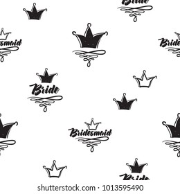 Hen bachelorette party vector seamless pattern bride crowns logo. Black card simple crown illustration on white background in hand drawn hipster style.