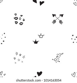 Hen bachelorette party vector seamless pattern with crowns, smiles, hearts and arrows. Black card simple logo illustration on white background in hand drawn grunge hipster style.