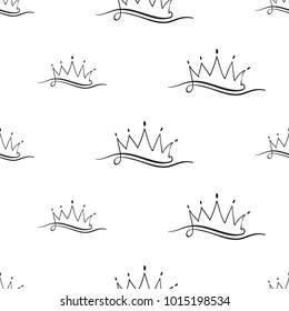 Hen bachelorette party vector seamless pattern with one line crown. Black card simple logo illustration on white background in hand drawn hipster style.