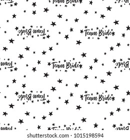 Hen bachelorette party vector seamless pattern with little black stars and team bride and stars. Black card simple star illustration on white background in hand drawn hipster style.