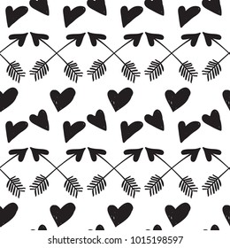 Hen bachelorette party vector seamless pattern with black hearts and cross arrows. Black card simple illustration on white background in hand drawn hipster style.