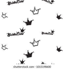Hen bachelorette party vector seamless pattern with black and white crowns and brides crew crown logo. Black card simple crown illustration on white background in hand drawn hipster style.