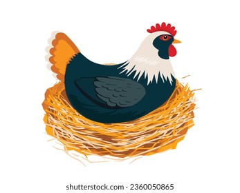 Hen bird on the nest isolated on white, vector illustration