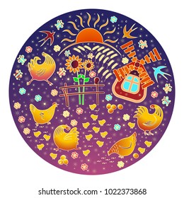  A hen, a bird. Sample in the circle. on a blue-red background. Sunset - sunset. Mills and sunflowers. Roosters, chickens, chickens. Easter eggs. Swallows, flowers, butterflies. Vector illustration.