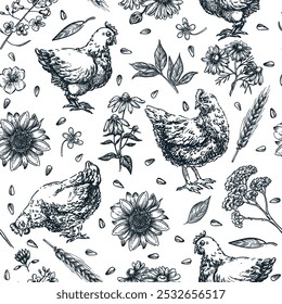 Aves de galinha e flores padrão sem costura. Ilustração de esboço desenhado à mão do vetor. Fundo de doodle da fazenda de frango. Impressão têxtil de moda, tecido, design de papel de embrulho