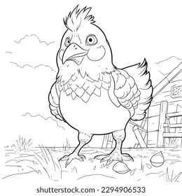 Hen , Black and white coloring pages for kids, simple lines, cartoon style, happy, cute, funny, animal in the world