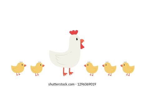 hen and chick cartoon. character design. free space for text. wallpaper. copy space.