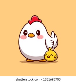 Hen with Chick Cartoon. Vector Icon Illustration. Animal Love Icon Concept, Isolated Premium Vector. Flat Cartoon Style