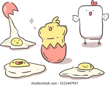 Hen , chick and eggs . Hand drawn line art vector illustration