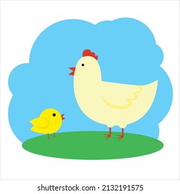 Hen and chick in flat style.