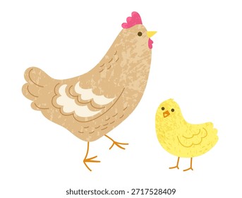 Ilustração de galinha e galinha com textura granulada. Frango, galinha, personagens de aves de quadrinhos de galo. Aves de capoeira criação de aves domésticas animal coleção plana. Desenho infantil desenhado à mão ilustração vetorial
