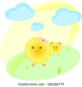 Hen and chick on the lawn on a sunny day. Vector illustration. Abstract pattern.